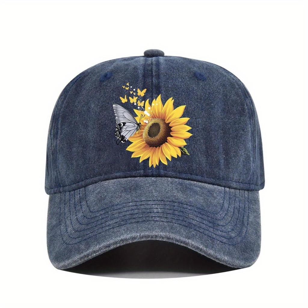 Sunflower Butterfly Print Baseball Cap Unisex Washed Denim Casual Adjustable Sun Protection Outdoor Hat
