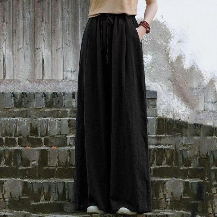

Artistic Chinese Style Women s Retro Cotton Linen Wide-Leg Pants - Spring Summer Casual Loose Fit 2XL - 130-145 lbs