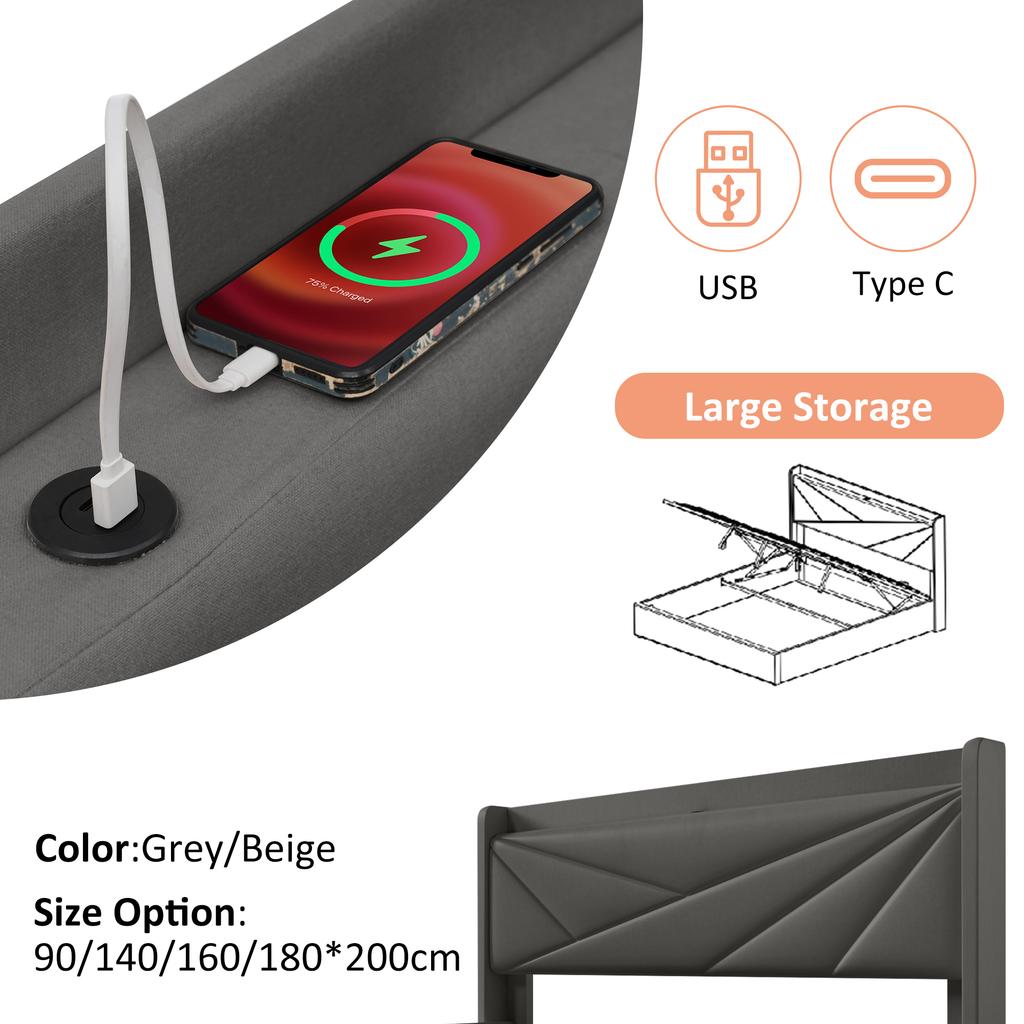 (=821415AAG)Upholstered Double Bed, Storage Box with USB Type C Charging Headboard, Linen Frame, Youth 180x200 with Slatted Frame (without Mattress)