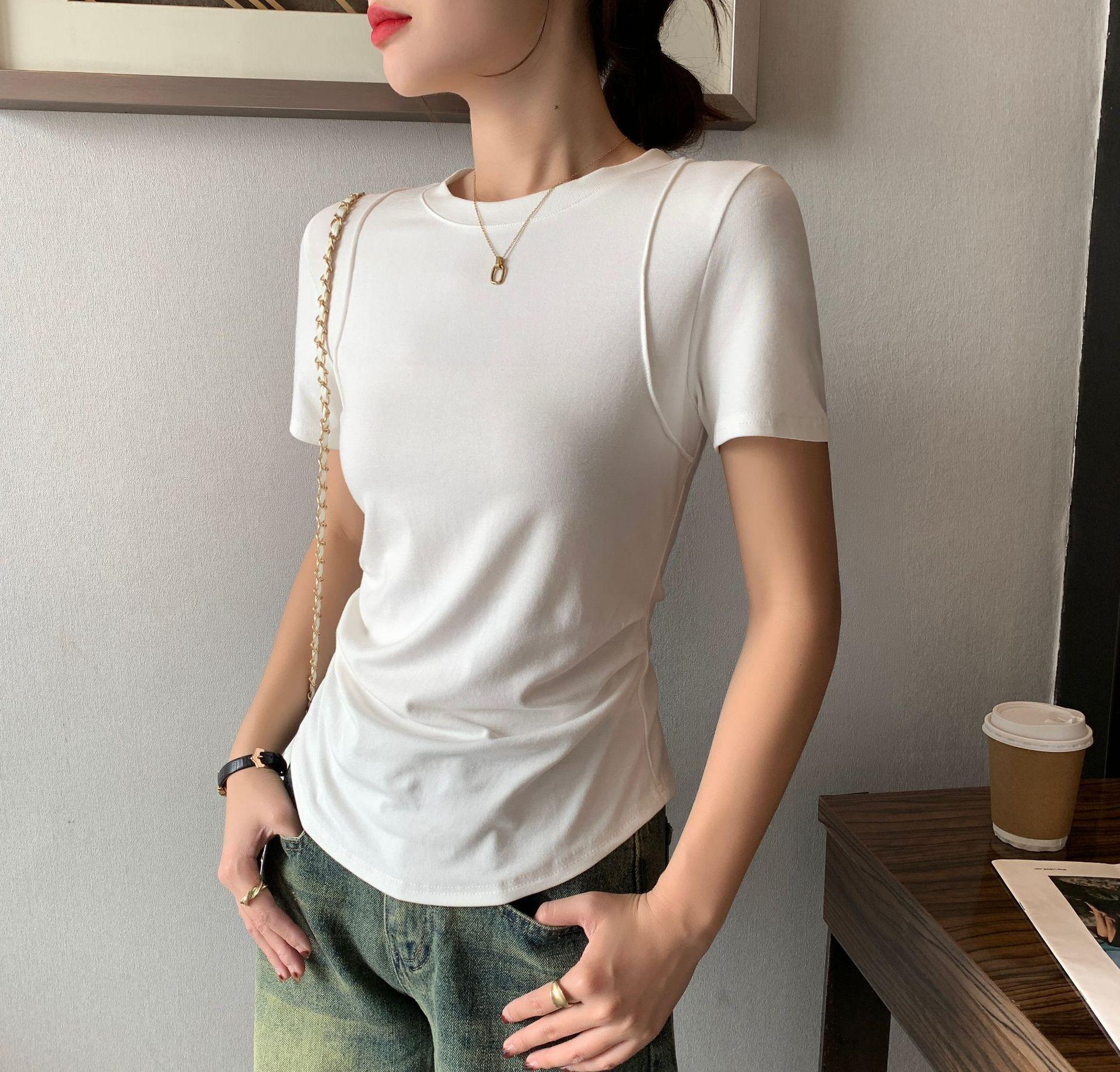 

Женская приталенная футболка с круглым вырезом и складками по бокам - С коротким рукавом, Однотонная, Простая, Универсальный летний топ Medium (45-51kg recommended) белый