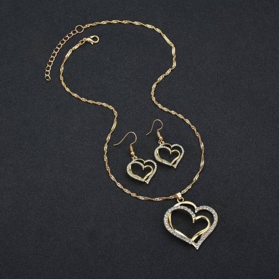 1 Set Women Necklace Earrings Set Hollow Out Heart Shape Rhinestone Decor Prom Party Hanging Earrings Pendant Clavicle Necklace