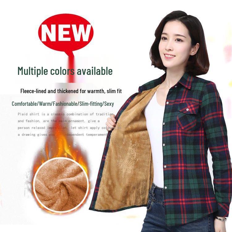 Women's 2025 Winter Slim Fit Cotton Plaid Shirt - Long Sleeve, Fleece Lined, Thick, Versatile, Plus Size