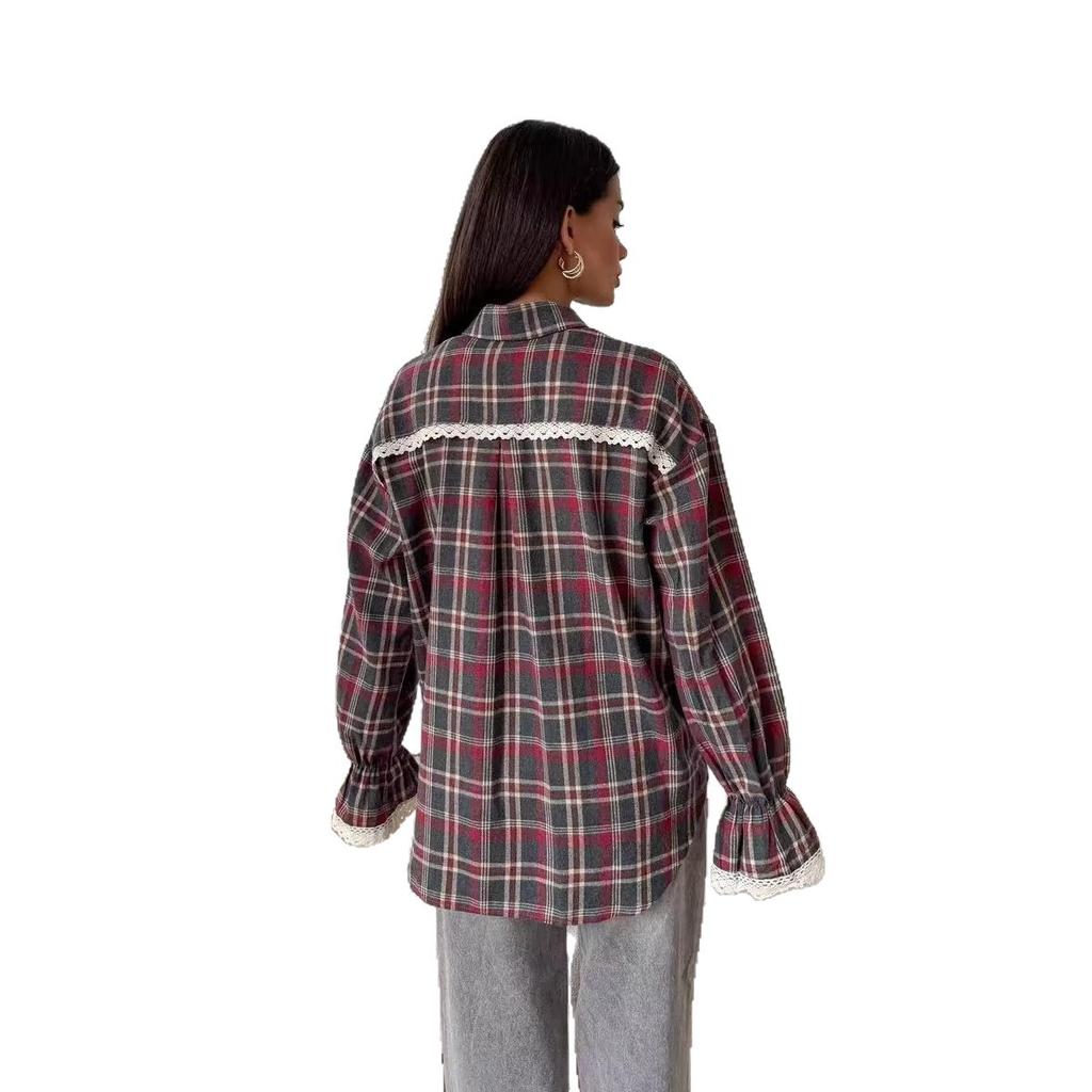 Red Black Gray Plaid Shirt with Lace Cuff Detail