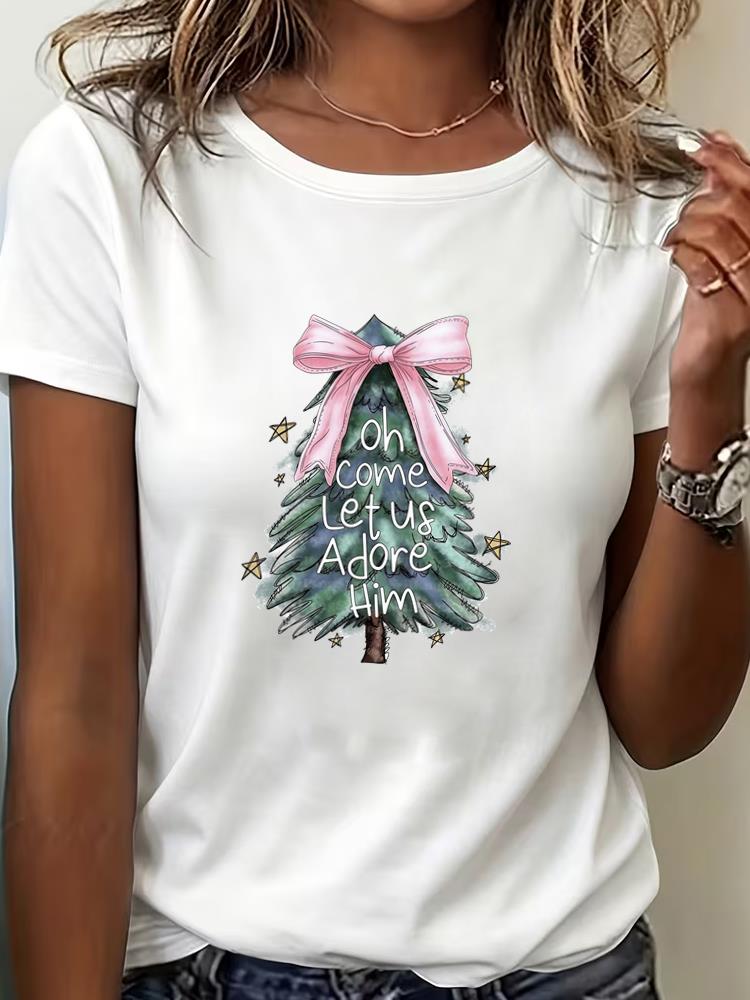 (Asian Size) Watercolor Tree Clothing New Year T Shirt Women Fashion Christmas Festival Tee Top Print Woman Short Sleeve Graphic T-shirts