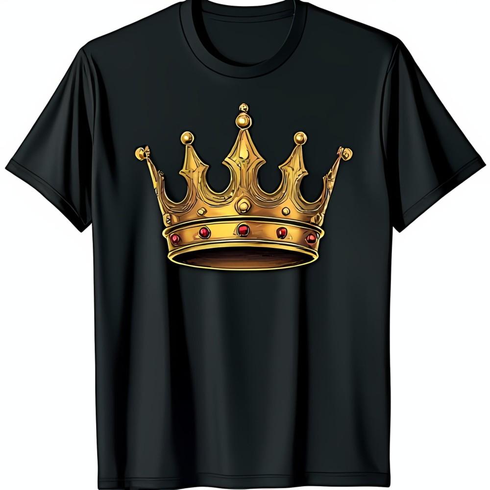 Unisex S Black TShirt With Intricate Gold Crown Design And Red Jewels S