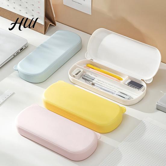 Pencil Storage Box Large Capacity Case with Compartments, Macaron Color Plastic Stationery Box, Portable Student Pen Bag for School Office Home