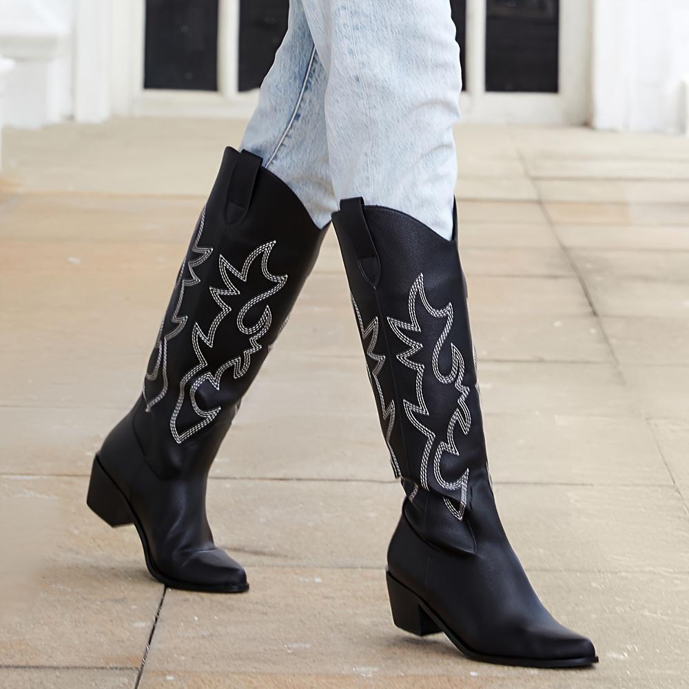 Vintage Western Cowgirl Embroidered Knee-High Boots For Women Fashion Comfort Point Toe Chunky Heels Cowboy Long Booties Woman