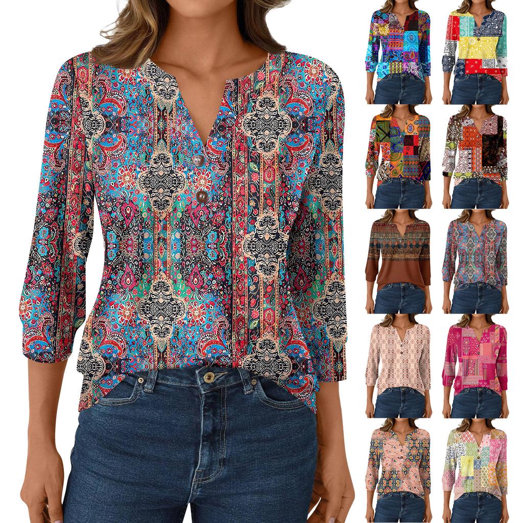 Women's Fashion Casual 3/4 Sleeve T-Shirt Prints V-Neck Button Top