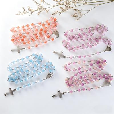 Two-Color 8mm Glass Necklace with Cross Bead Pendant, Trendy Long Sweater Chain