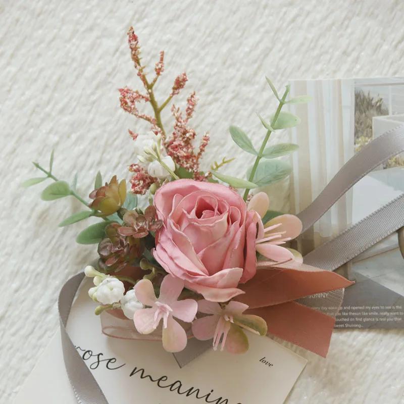 6pcs Pink Corsage Boutonniere Set for Bride Groom Bridesmaids Groomsmen Wedding Cerenony Homecoming Prom Suit Flowers