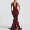2026 European & American Mesh Patchwork Elegant V-Neck Halter Backless Hip-Hugging Maxi Dress