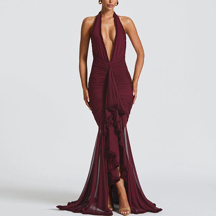 2026 European & American Mesh Patchwork Elegant V-Neck Halter Backless Hip-Hugging Maxi Dress