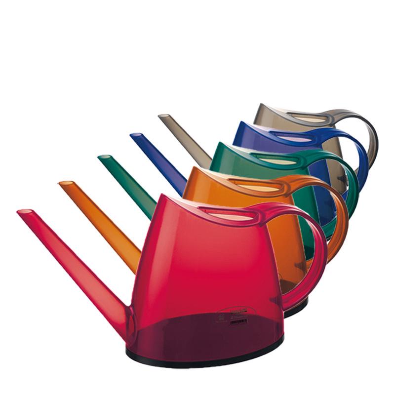 Long-Spout Transparent Watering Can for Gardens and Flowers, Colored Plastic, 2.5L Capacity.
