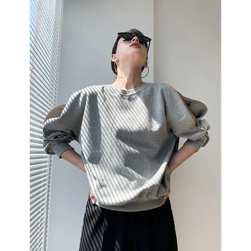 Design Zipper Off-shoulder Long Sleeve Round Neck Loose Top Women's Sweatshirt 2025 New Women's Korean Fashion