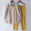 2Pcs/Set Lapel Long Sleeve Single Breasted Mid-rise Pockets Casual Outfit Striped Print Shirt Solid Color Pants Set