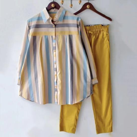 2Pcs/Set Lapel Long Sleeve Single Breasted Mid-rise Pockets Casual Outfit Striped Print Shirt Solid Color Pants Set