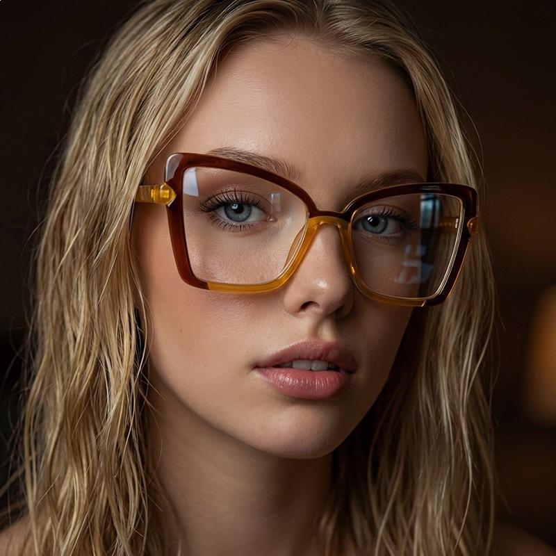 Übergroße Cat-Eye-Brille mit Blaulichtfilter, Farbblock-Rahmen, Modische Brille für Damen, Gegen Augenbelastung & UV-Schutz KJ085