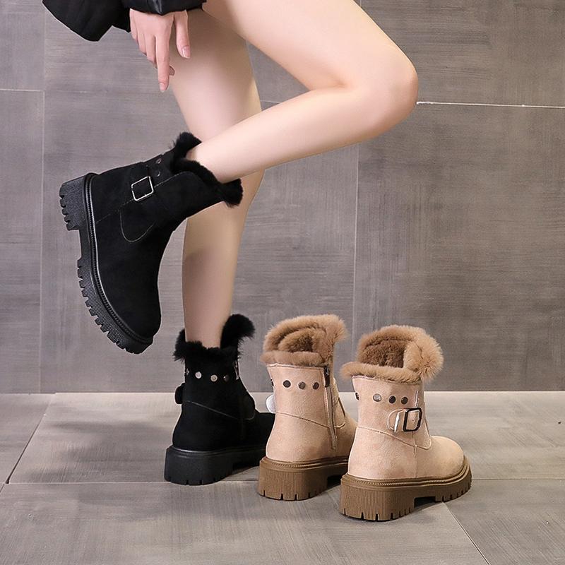 Fashion Aphixta Black Furry Modern Boots Buckle Design Ankle Boots Side Zipper Women Winter Boot 5cm Square Heel Botas Mujer Botines
