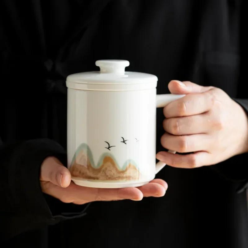 

430ml Mutton Fat Jade Porcelain Office Cup Ceramic Tea Cup Personal Filter Mug with Lid Tea Maker Ceramic High-end Water Cup 200ml