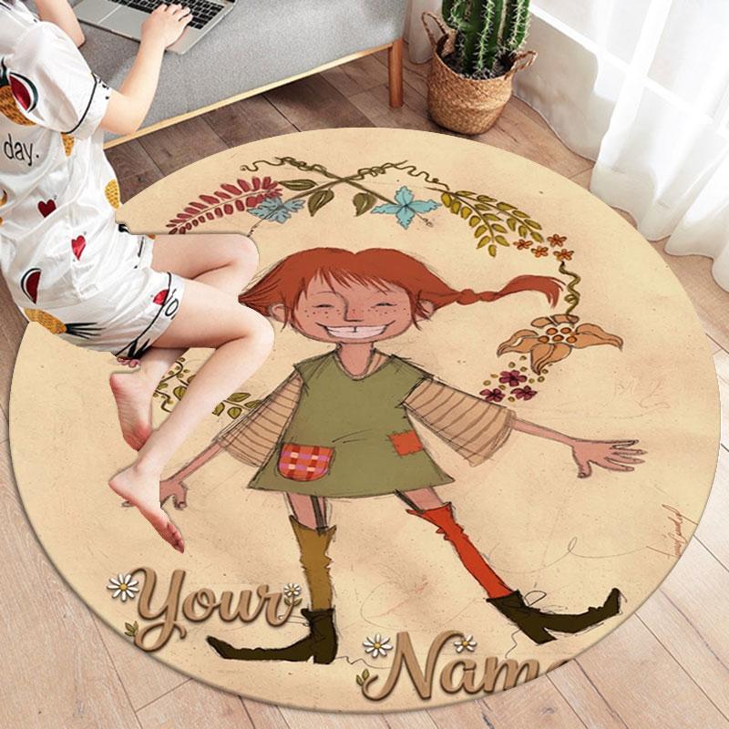 Pippi Longstocking Custom Name Round Area Rug,Carpet Rug for Living Room Bedroom Sofa Playroom Decor,Non-slip Floor Mat