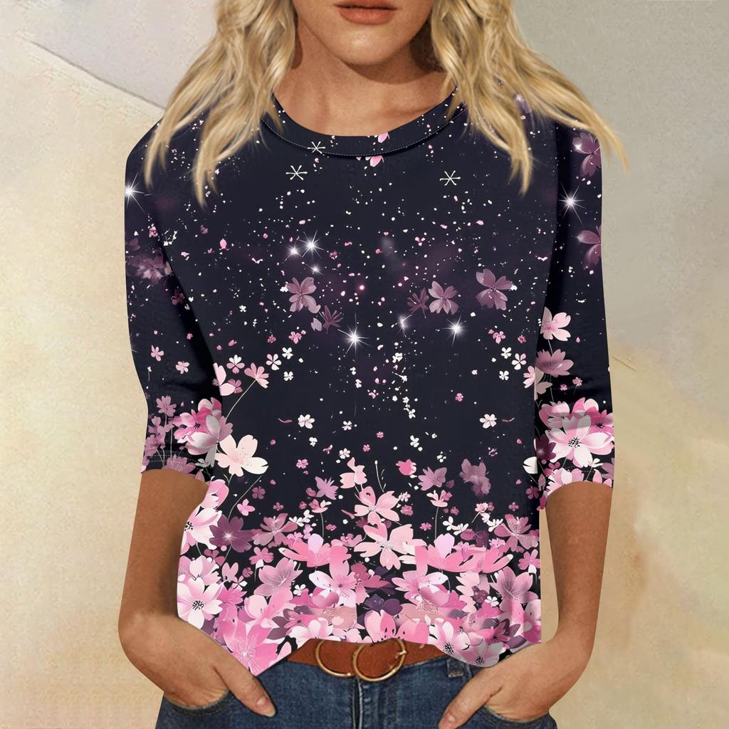 Dámská móda Ležérní tričko s kulatým výstřihem, 3/4 rukávem, volným potištěným tričkem, dámský top