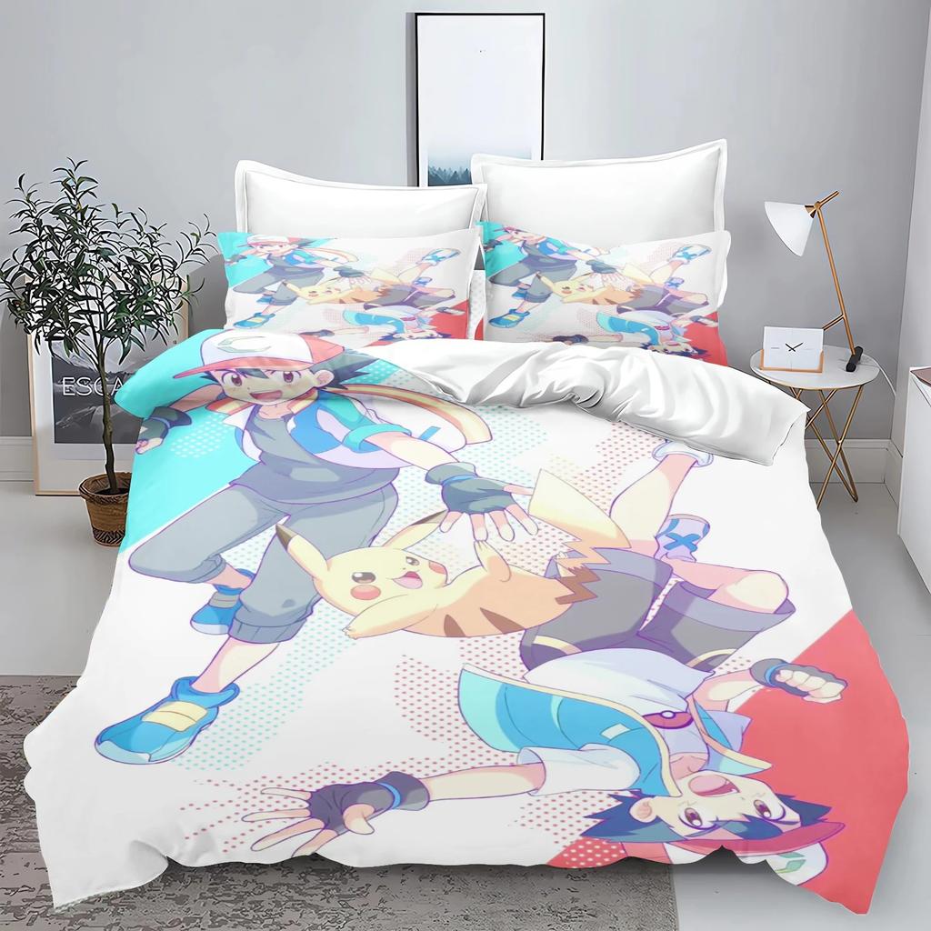 Ensemble de literie Pokémon Série Pikachu Housse de couette Taie d'oreiller à imprimé dessin animé, Décoration d'ensemble de housse de couette pour chambre, Grand King 260x240cm