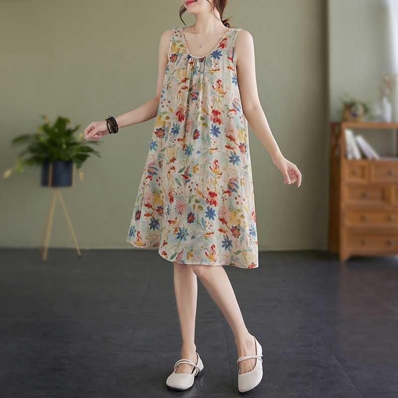Real Shot Large Size Women's Clothing Summer Loose Suspender A-word Skirt Sleeveless Crew Neck Printed Dress