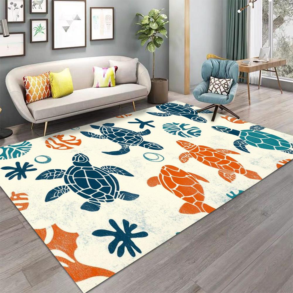 Cartoon Sea Shells Sea Stars Dolphins Carpet for Living Room Decor Sofa Rug Children's Play Mat Bedroom Bedside Rug Nursery Mat