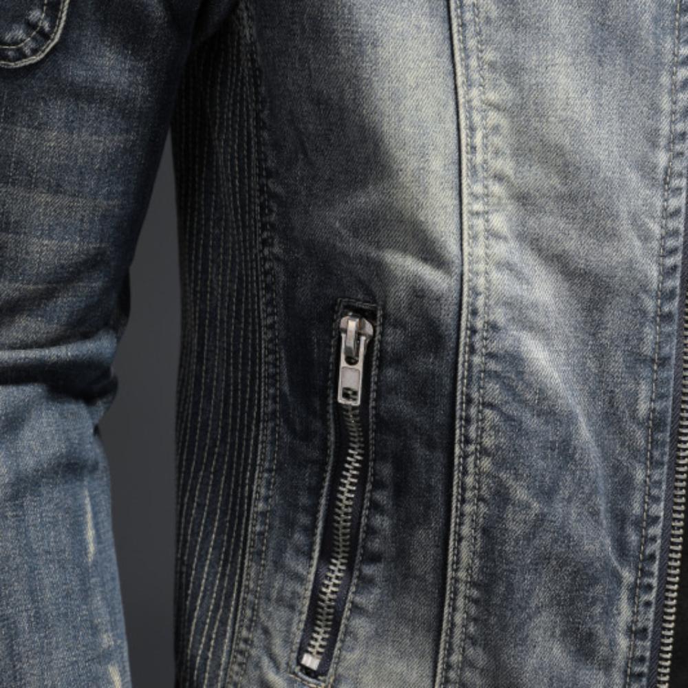 Masculino azul denim jaqueta casual estilo retro gola alta casaco masculino multi zíper design tendência streetwear zip casacos