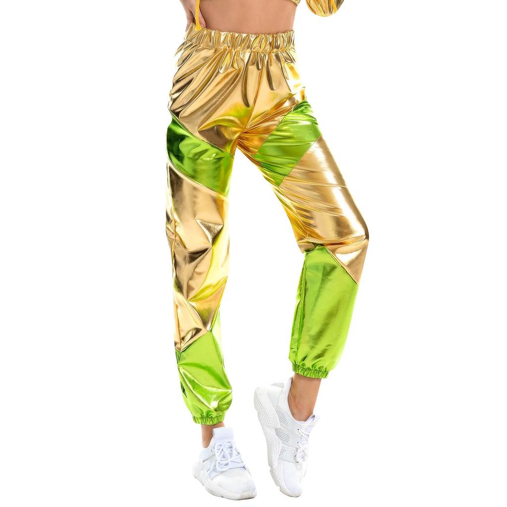 Kadın Parlak Pantolon Elastik Spor Pantolon Bol Eğlence Rahat Uzun Pantolon Eşofman Altı Koşu Altları Streç Tayt Parti Disko Clubwear