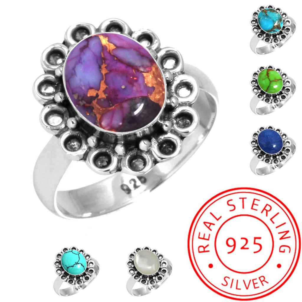 925 Sterling Silver Ring Women Gemstone Handmade Jewelry New Year Gift Blue Green Purple Copper Turquoise Freshwater Pearl Lapis Mother Of Pearl Boho