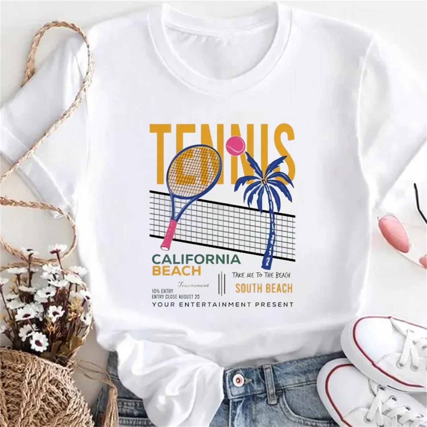 

Beach Tennis Cartoon Fun Pattern Printed T-Shirt Short Sleeved Cute Style Women s O-Neck Casual Basic Top Summer Fashion T-Shirt XXXXXL білий