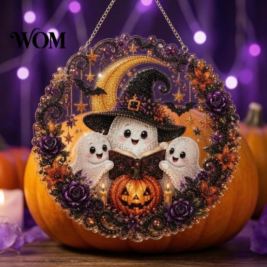 Festive Window Hanging Decorations Halloween Ghost/Owl Diamond Art Ornament Kit, Seasonal Home Decor Painting Suncatcher, DIY Pendant Gem Projects