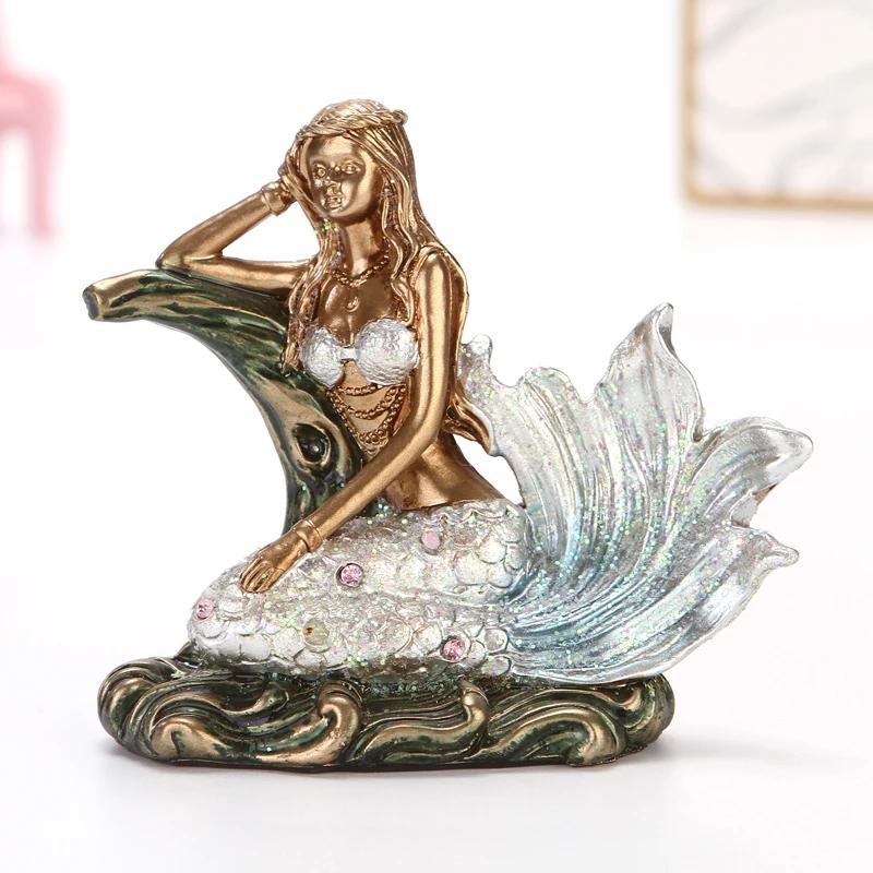 Resin Mermaid Figure Rhinestone Sea Maiden Girl Miniature Fairy Tale Character Ornament Room Decor Handcraft Gift for Girlfriend