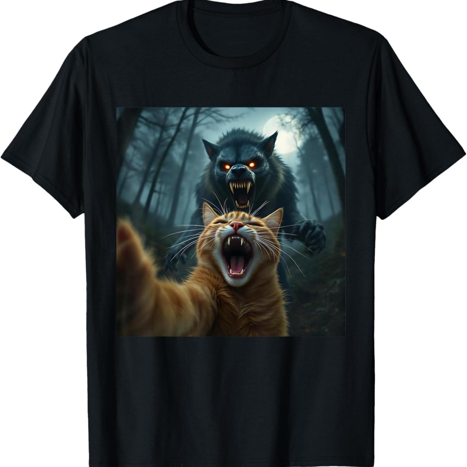 Funny Cat Selfie Werewolf Meme T-Shirt for Men Women Kids S