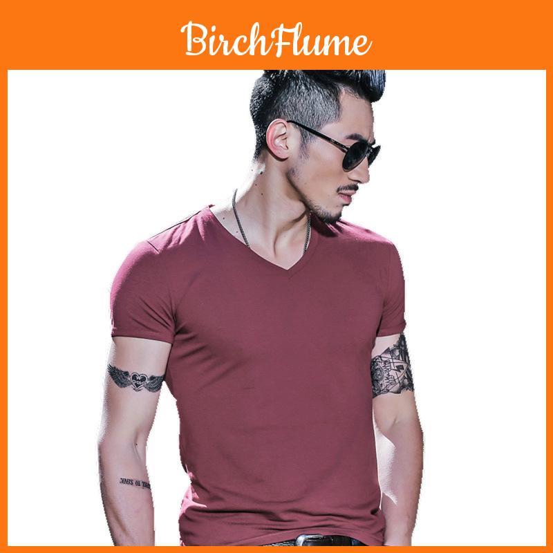 Herren Sommer Lässiges Mode V-Ausschnitt T-Shirt In Premium Qualität Unifarben