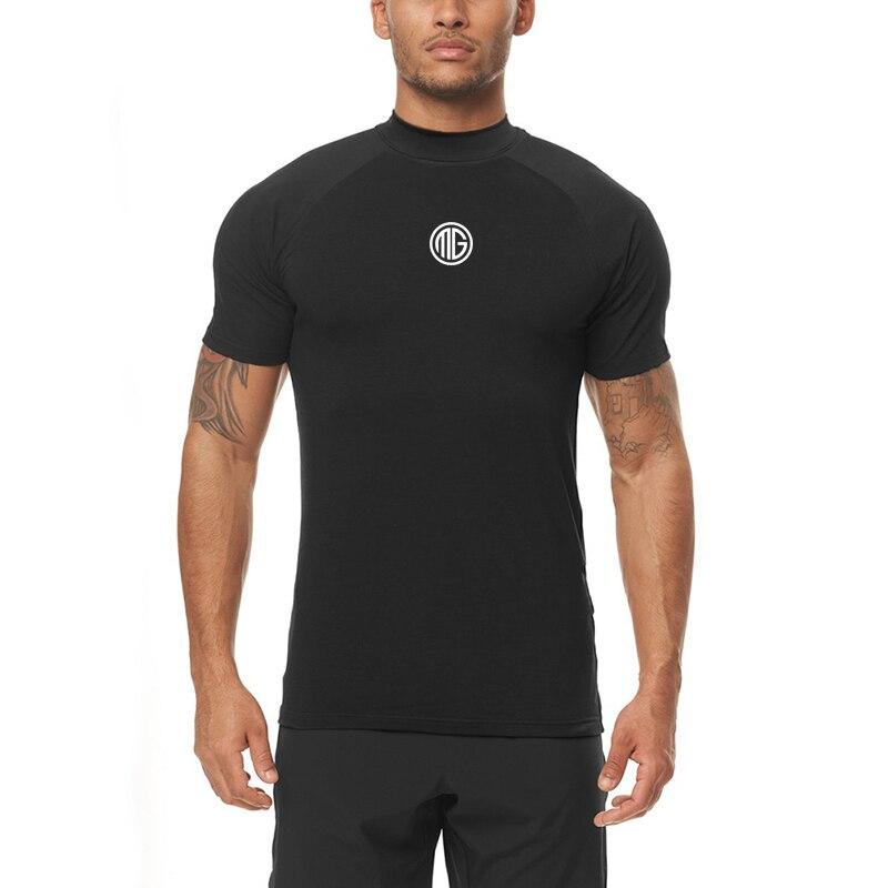 Muscleguys Men's Fitness Semi-high Neck Elastic T-shirt Summer Slim Fit Short Sleeve Streetwear