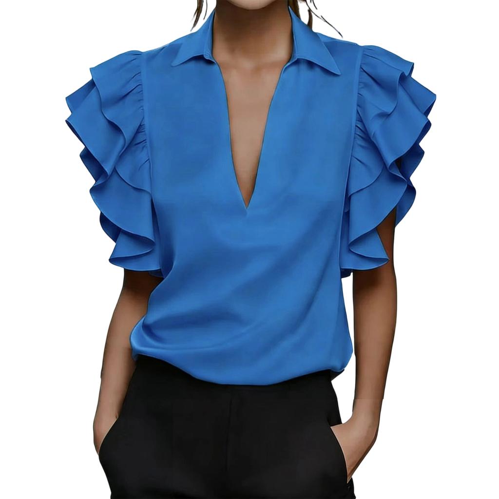 Womens V Neck Blouse Short Sleeve Top Ruffle Sleeve Shirt Lightweight Casual Office Wear Summer Fashion