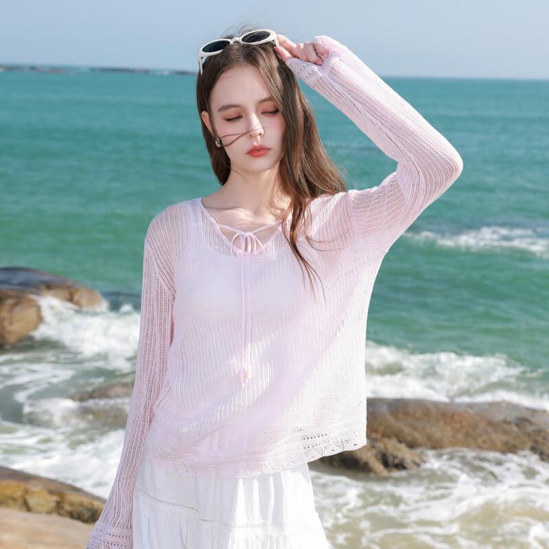 Sancai V-Neck Hollow Knit Long Sleeve Top