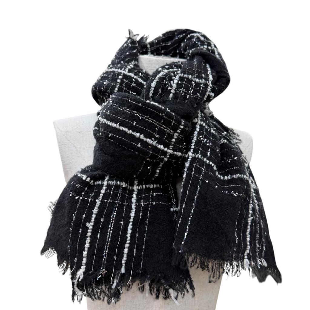 Great CHANEL Stall Cashmere and silk blend COCO Mark ribbon tweed check 23B Used