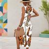 Women Plus Size U Neck Sleeveless Dress Cartoon Witch Raccoon Halloween Printed High Side Slit Curved Hem