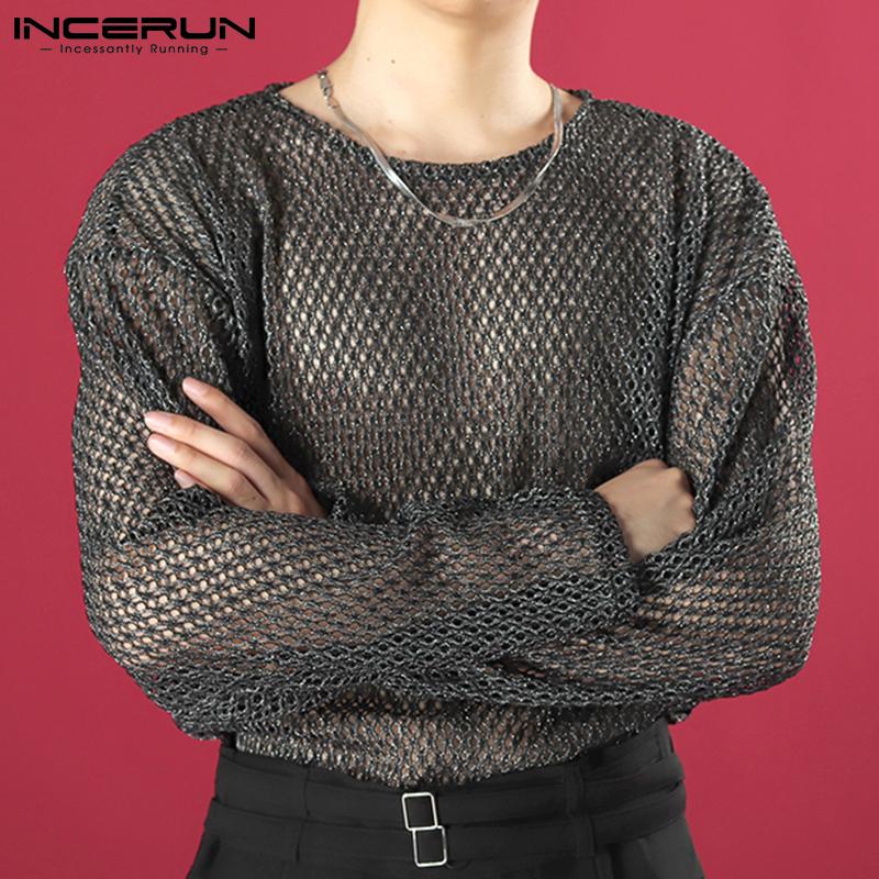 INCERUN Sommer Transparent Sexy Shirts Herrenmode Tragen Oansatz Mesh Tops Lange Ärmeln Party Schlank Aushöhlen Shirts S-5XL