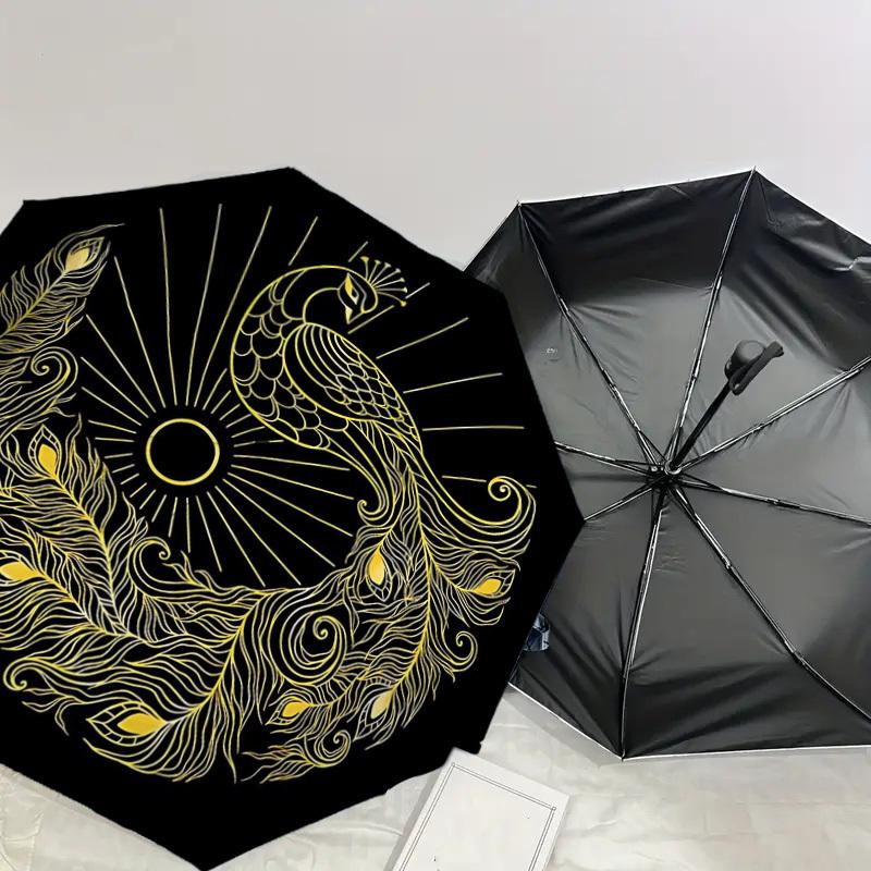 1pc Peacock Feather Automatic Folding Umbrella 8 Rib Iron Frame,  Suitable for Travel, Daily Use, Birthday, Women & Men Gift C1231048