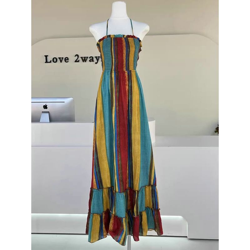

Foreign Trade Original Garment C * Der Anger Praise Dopamine Color Rainbow Stripe Hot Backless Holiday Style Pure Cotton Long dress Figure color XL