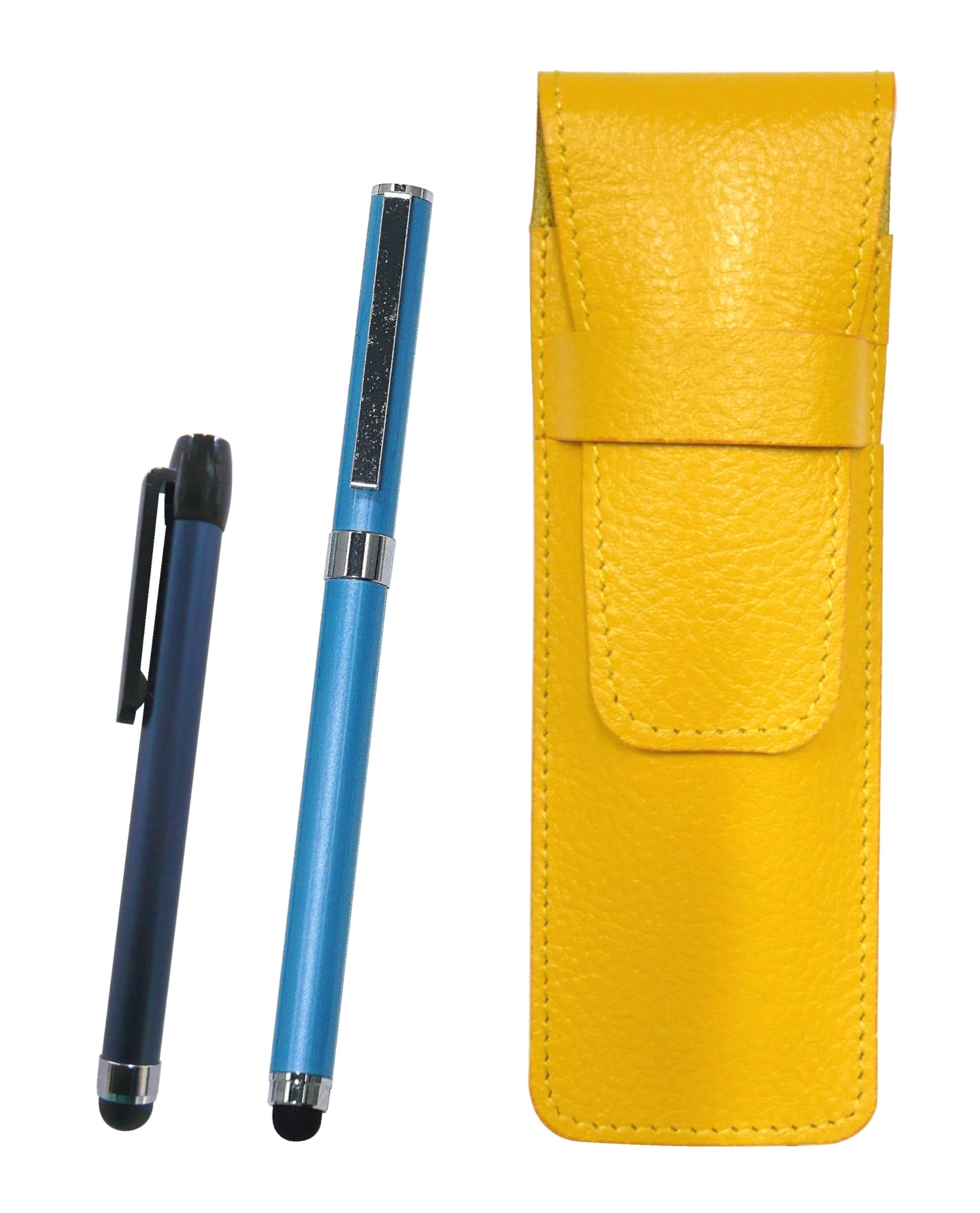 

Yellow Grained Leather Pen Case with Blue Metal Touch Stick and Extra Set of Smartphone Touch and Metal Cap Ballpoint Pens Two-Pack (Blue)
