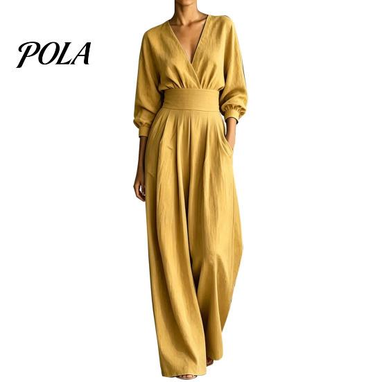 Lightweight Polyester Jumpsuit Women's Long Sleeve Jumpsuit, Deep V Neck Loose Wide Leg Comfortable Women Rompers, High Waist Summer Casual One Piece