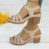 Women's Solid Color Fashion Sandals, Summer T-strap High Heels, Casual Single Strap Non-slip Thick Heel Shoes