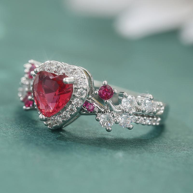 Exquisite Inlaid White Red CZ Heart Women's Ring Sparkling CopperColor Geometry Daily Wear Party Jewelry Anniversary Gift