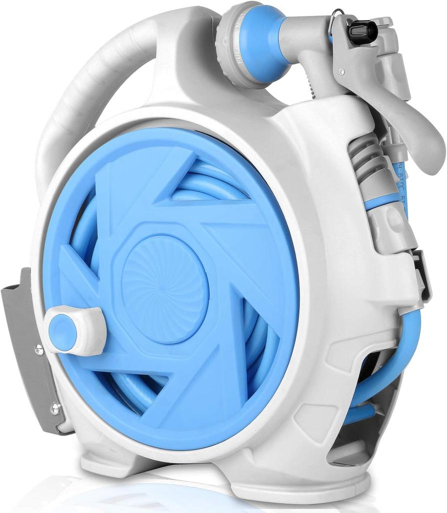 46FT Pro Garden Hose Reel 7 Pattern Nozzle Adjustable Wall Mount Precision Length Lock Water Saving Design for Lawn Bed Cleaning