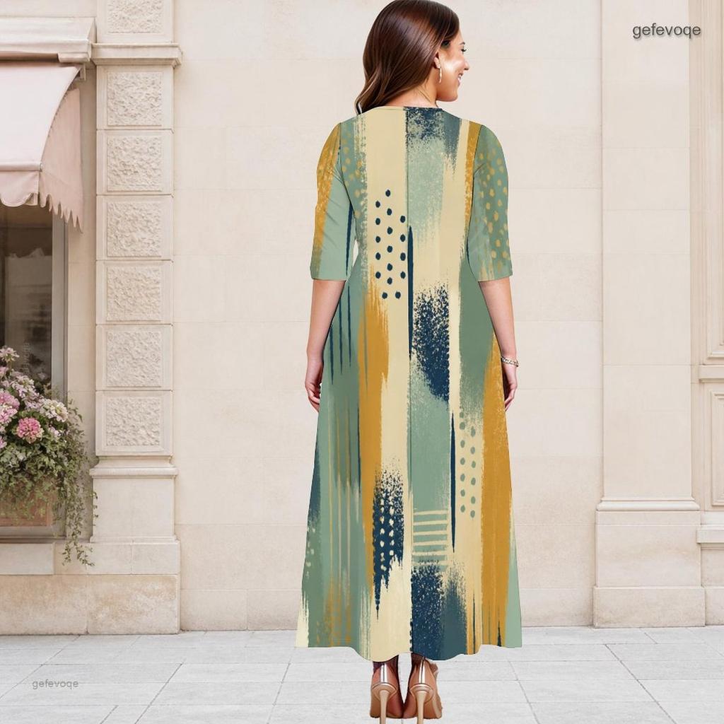 Women Plus Size Round Neck Keyhole 3 4 Sleeve Long Dress Watercolor Striped Print Green Yellow